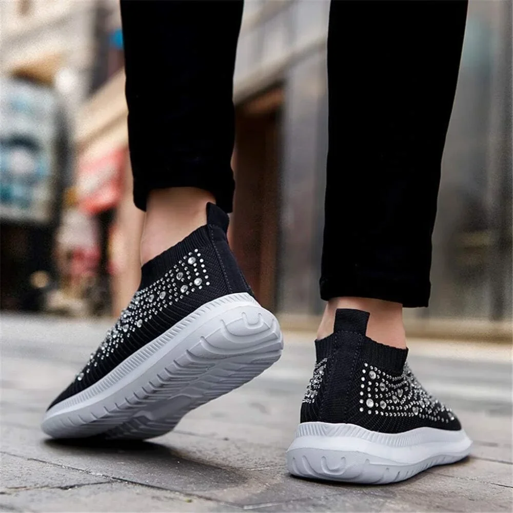 Women's Walking Shoes Rhinestone Glitter Slip On Ballroom Sneakers Dark Blue